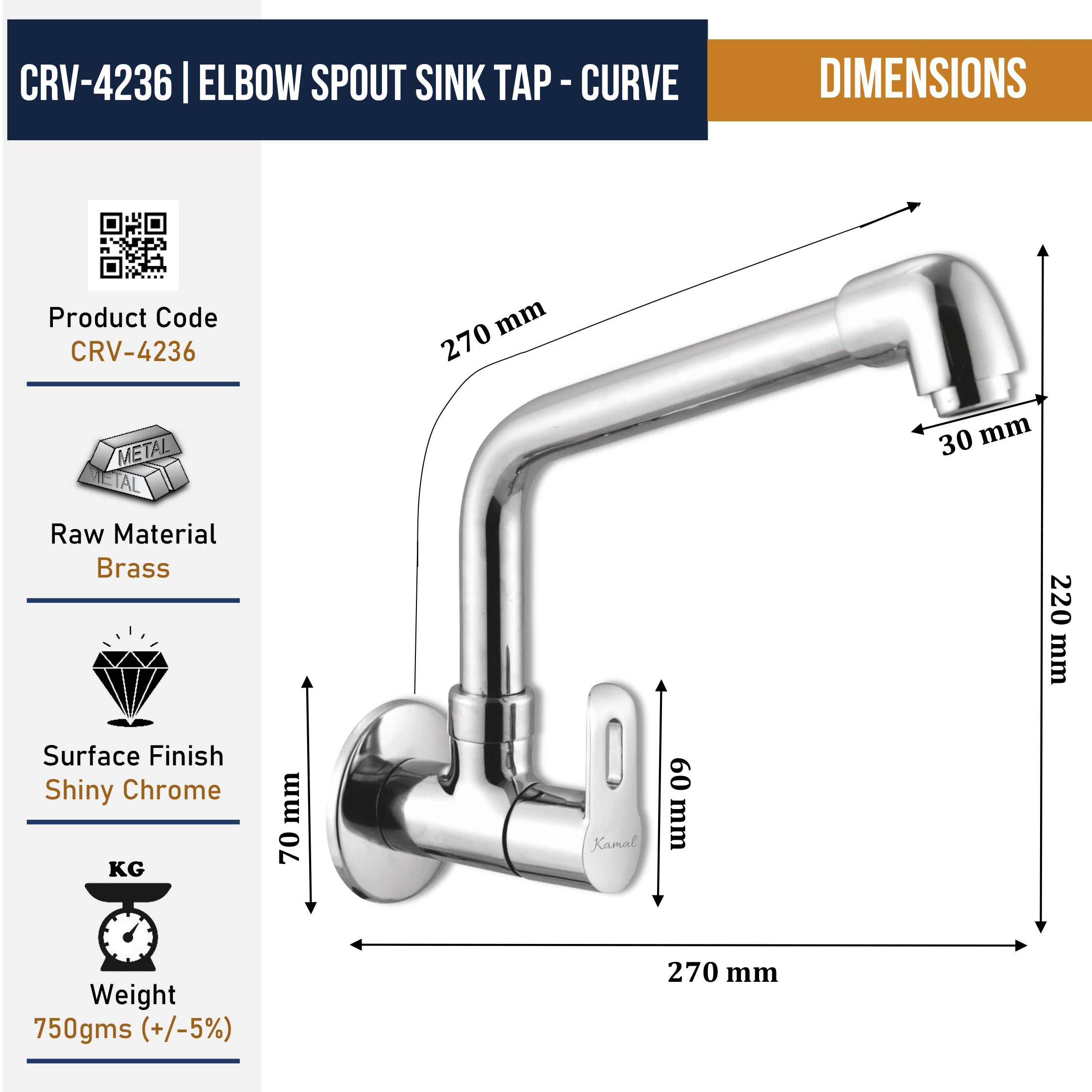 Curve Sink Tap Elbow Spout (Full Brass) - by Kamal
