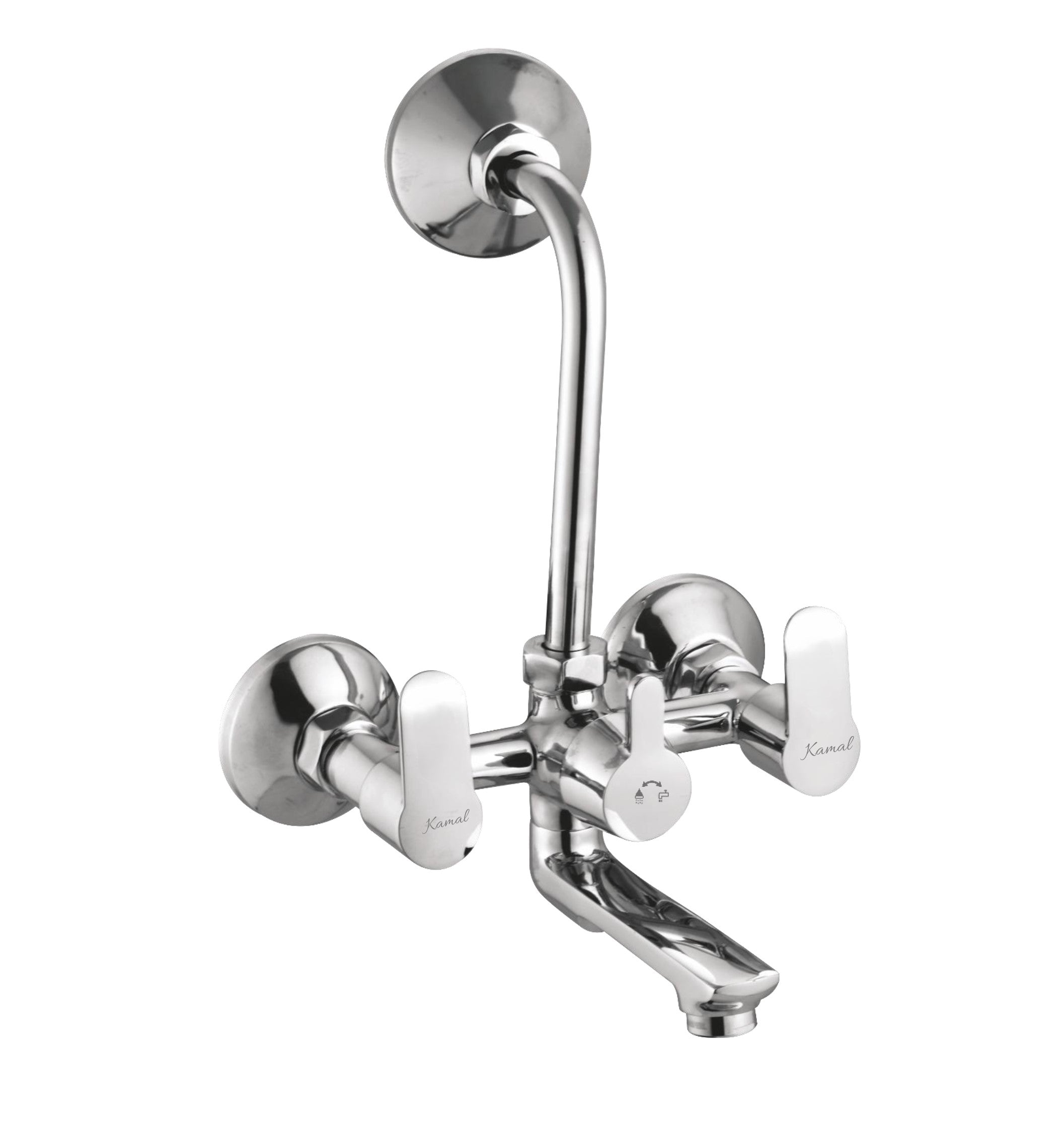 Kamal Curve Wall Mixer with Long L Bend Pipe, full brass construction, featuring a sleek modern design and prime spout.