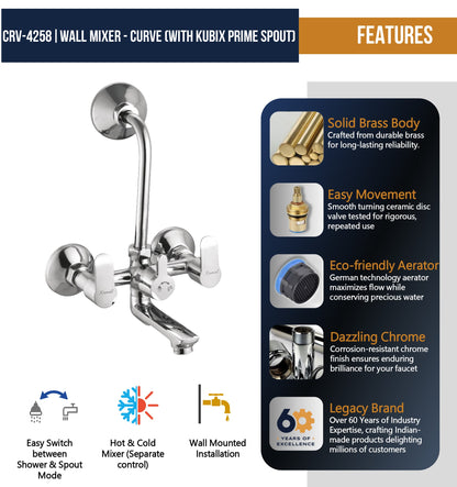 Kamal Curve Wall Mixer Kubix Prime with long L bend pipe, full brass construction, mounted on bathroom wall.
