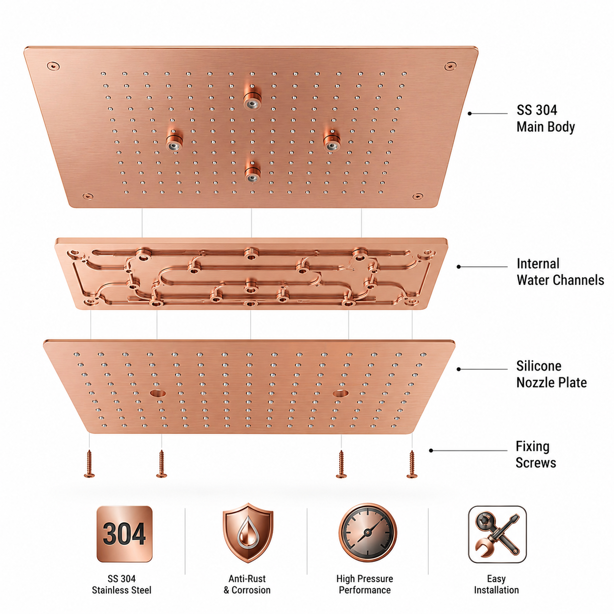 KAMAL 19 × 13 Inch Luxury Ceiling Mounted Rain Shower | SS 304 | Rain + Mist | PVD Rose Gold