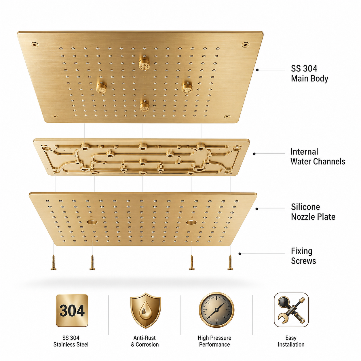 KAMAL 19 × 13 Inch Luxury Ceiling Mounted  Shower | SS 304 | Rain + Mist PVD Bright Gold