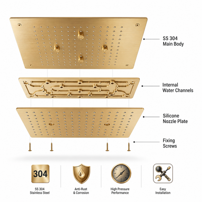KAMAL 19 × 13 Inch Luxury Ceiling Mounted  Shower | SS 304 | Rain + Mist PVD Bright Gold