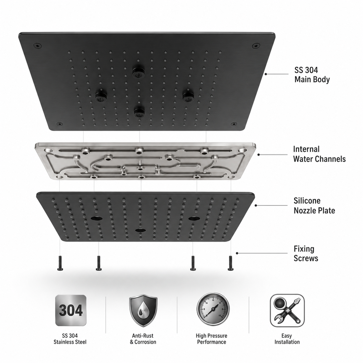KAMAL 19 × 13 Inch Luxury Ceiling Mounted  Shower | SS 304 | Rain + Mist  Matte Black