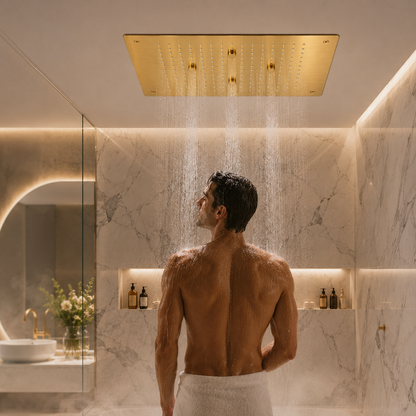 KAMAL 19 × 13 Inch Luxury Ceiling Mounted  Shower | SS 304 | Rain + Mist PVD Bright Gold