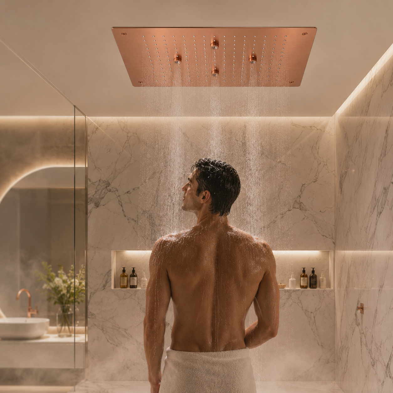 KAMAL 19 × 13 Inch Luxury Ceiling Mounted Rain Shower | SS 304 | Rain + Mist | PVD Rose Gold