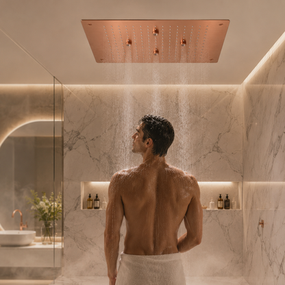 KAMAL 19 × 13 Inch Luxury Ceiling Mounted Rain Shower | SS 304 | Rain + Mist | PVD Rose Gold