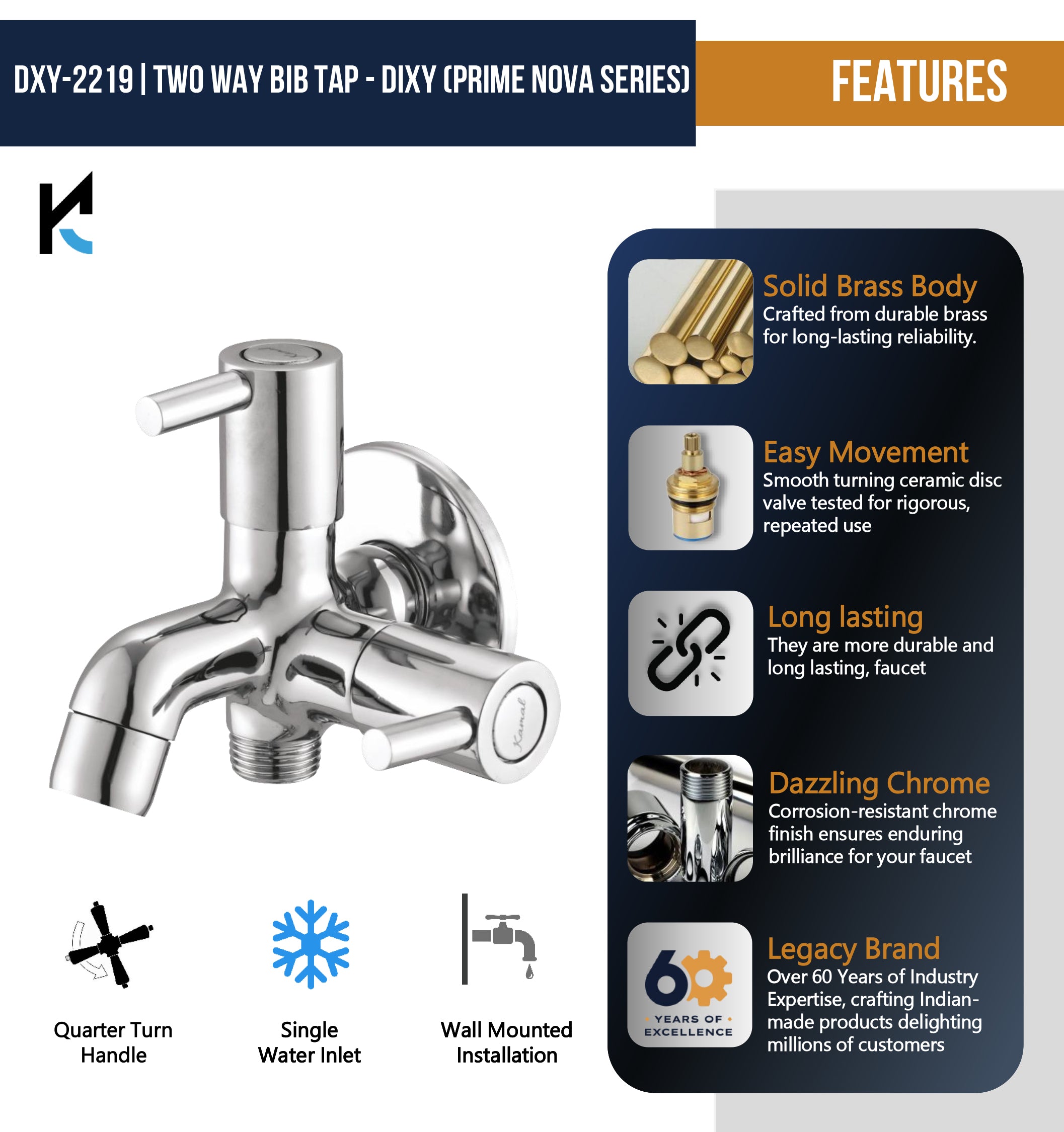 Dixy Prime Nova Series Two Way Bib Tap (Full Brass) - by Kamal