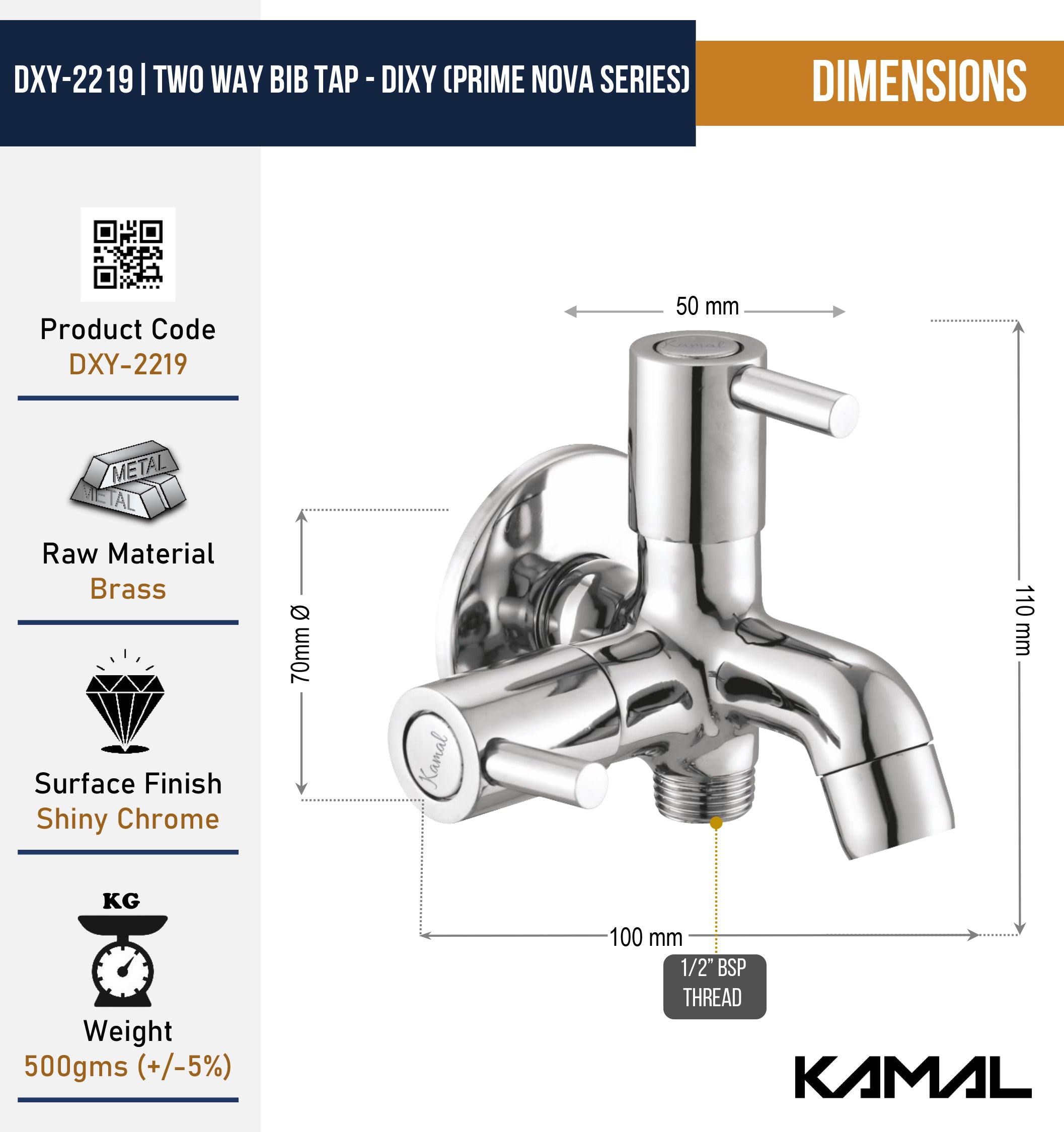 Dixy Prime Nova Series Two Way Bib Tap (Full Brass) - by Kamal