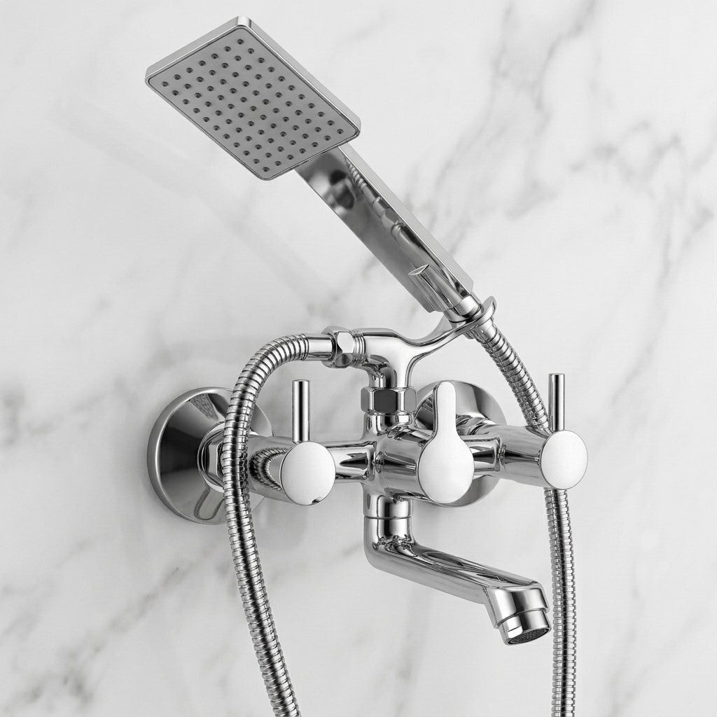 Kamal Dixy telephonic wall mixer with crutch and hand shower, full brass construction, mounted on bathroom wall.