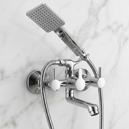 Kamal Dixy telephonic wall mixer with crutch and hand shower, full brass construction, mounted on bathroom wall.