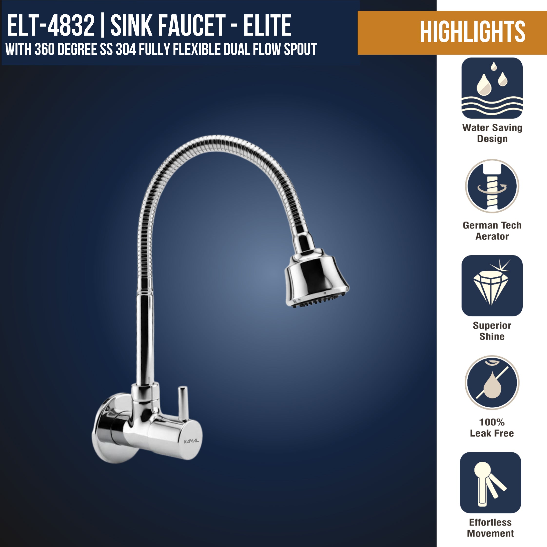 Elite Sink Spray Tab by Kamal in brass and stainless steel, shown installed in a modern kitchen sink.