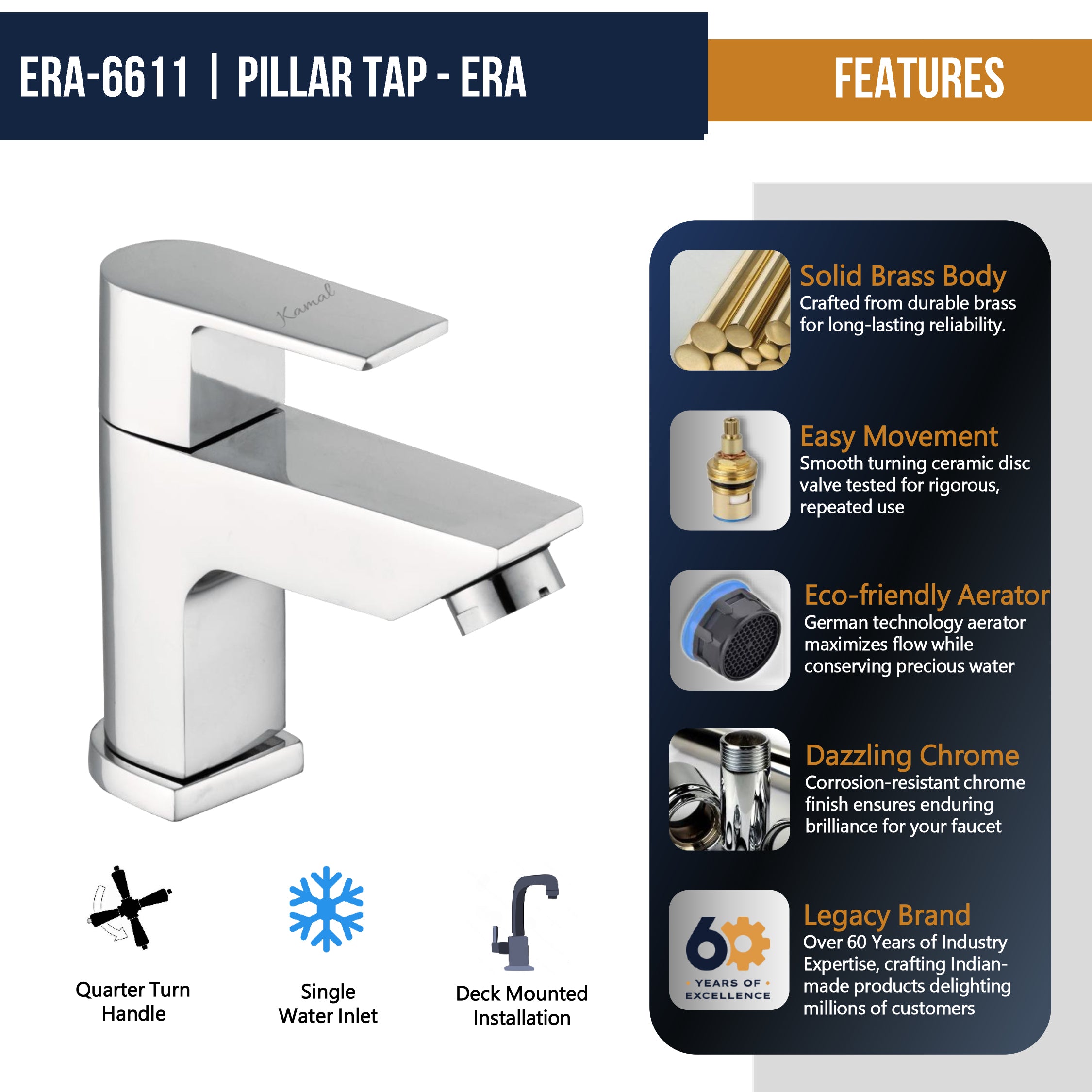 Era Full Brass Pillar Tap (Full Brass) - by Kamal