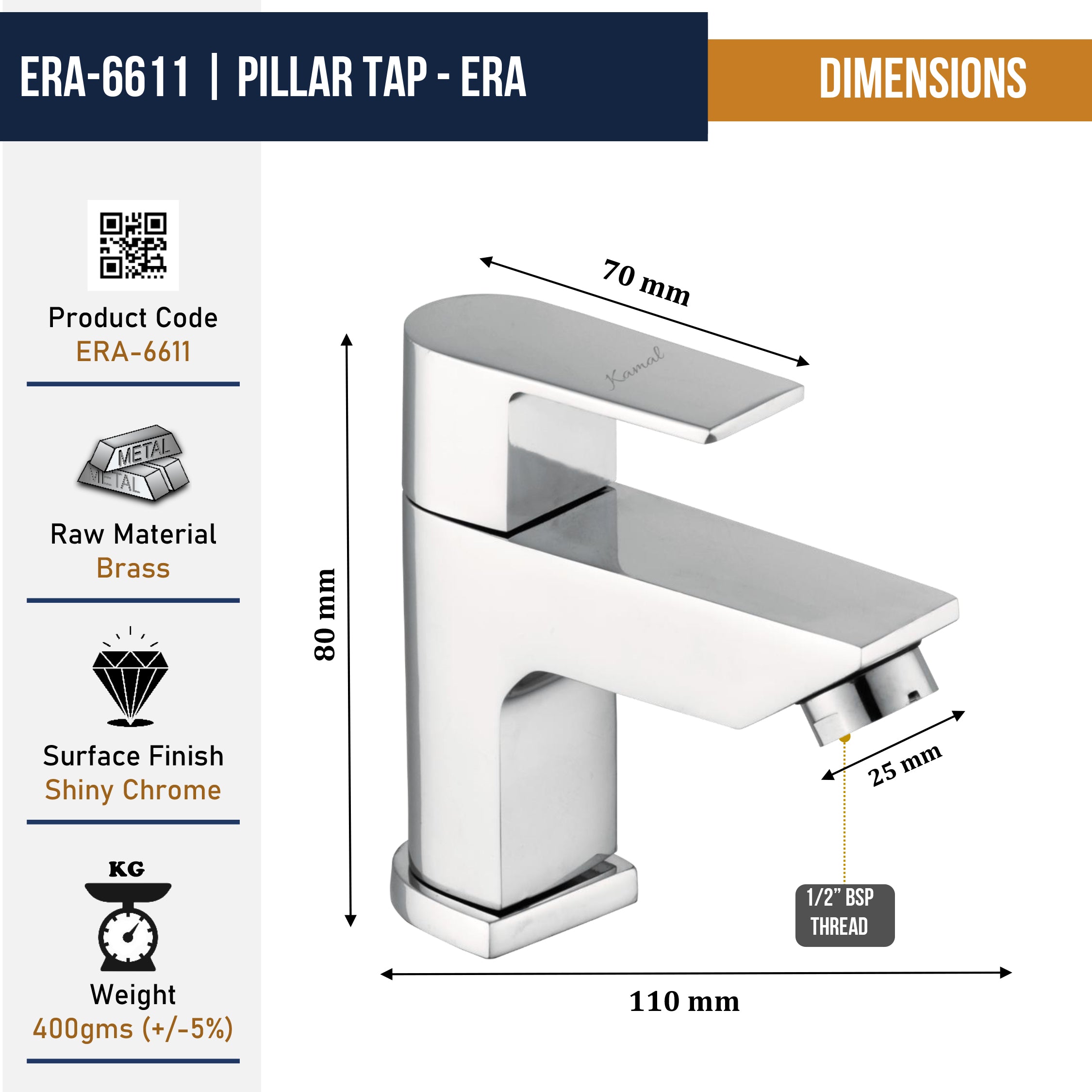 Era Full Brass Pillar Tap (Full Brass) - by Kamal