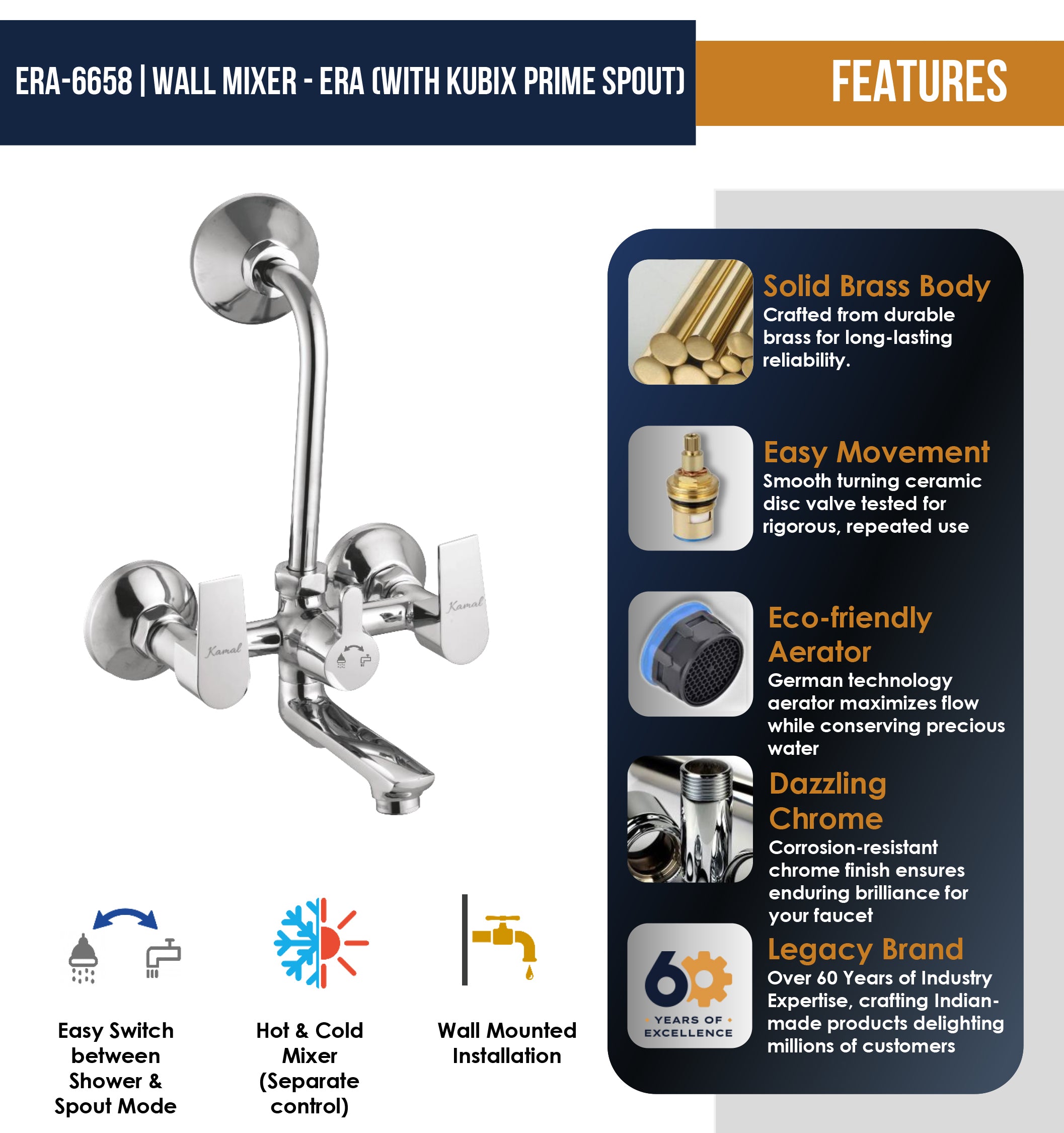 Era Wall Mixer Kubix Prime Spout Long L Bend Pipe (Full Brass) - by Kamal