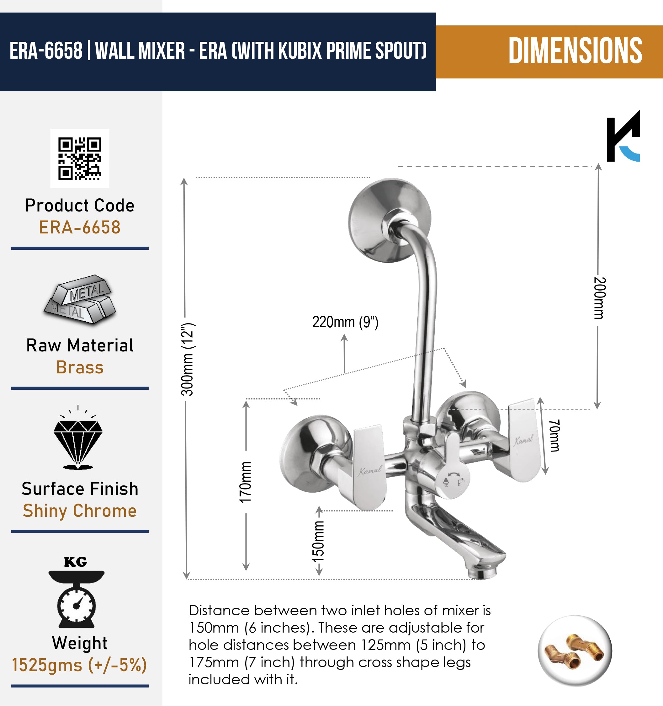Era Wall Mixer Kubix Prime Spout Long L Bend Pipe (Full Brass) - by Kamal