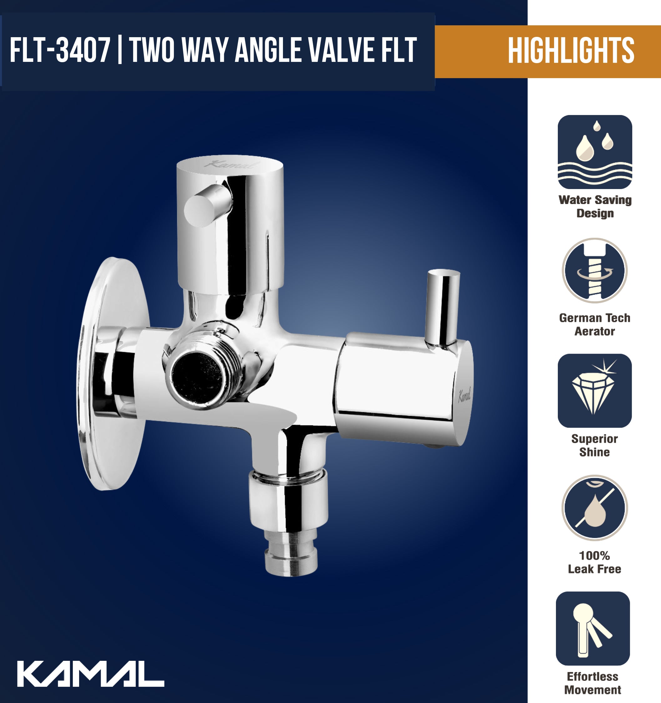 FLT Two Way Angle Valve (Full Brass) - by Kamal