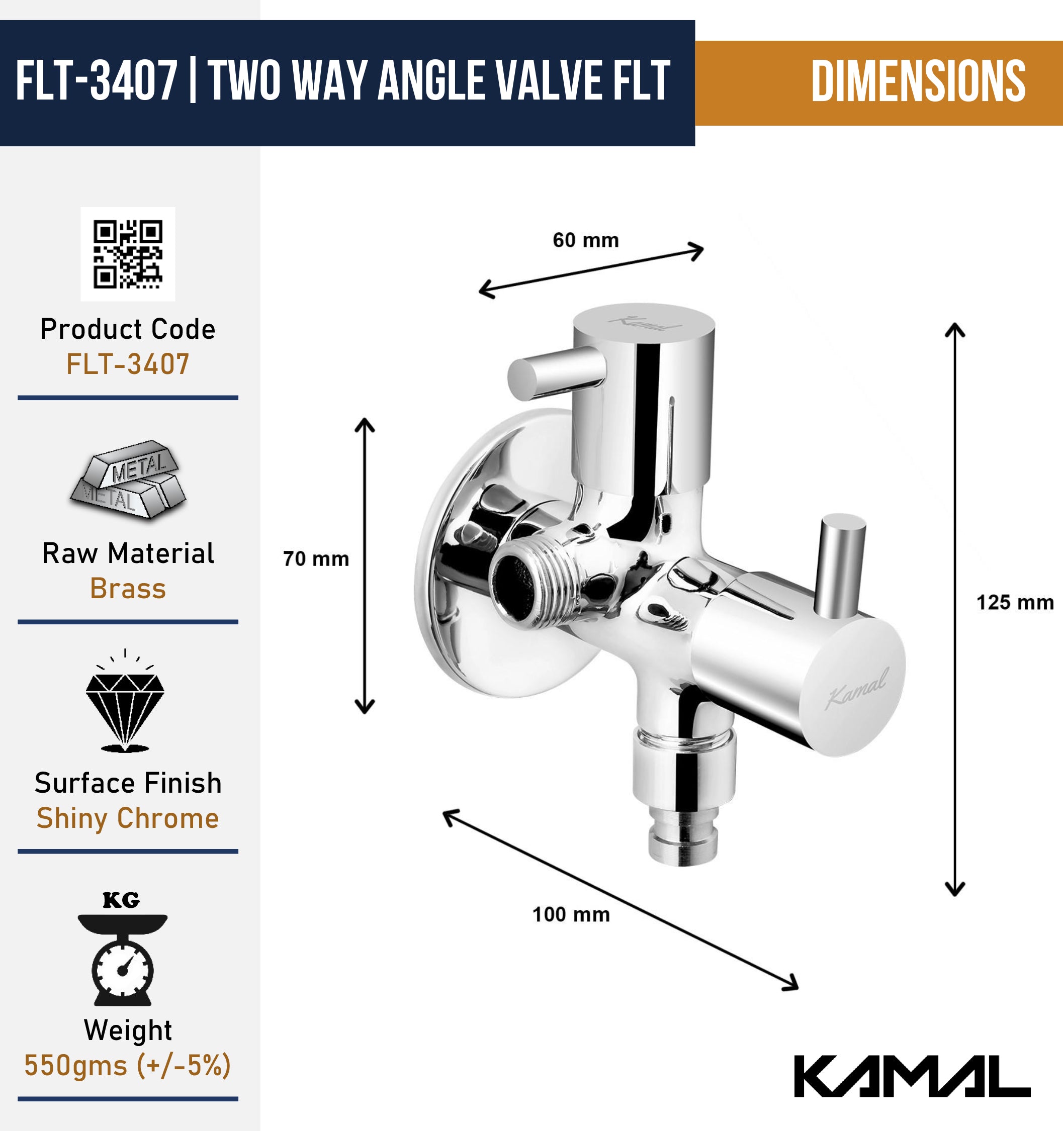 FLT Two Way Angle Valve (Full Brass) - by Kamal