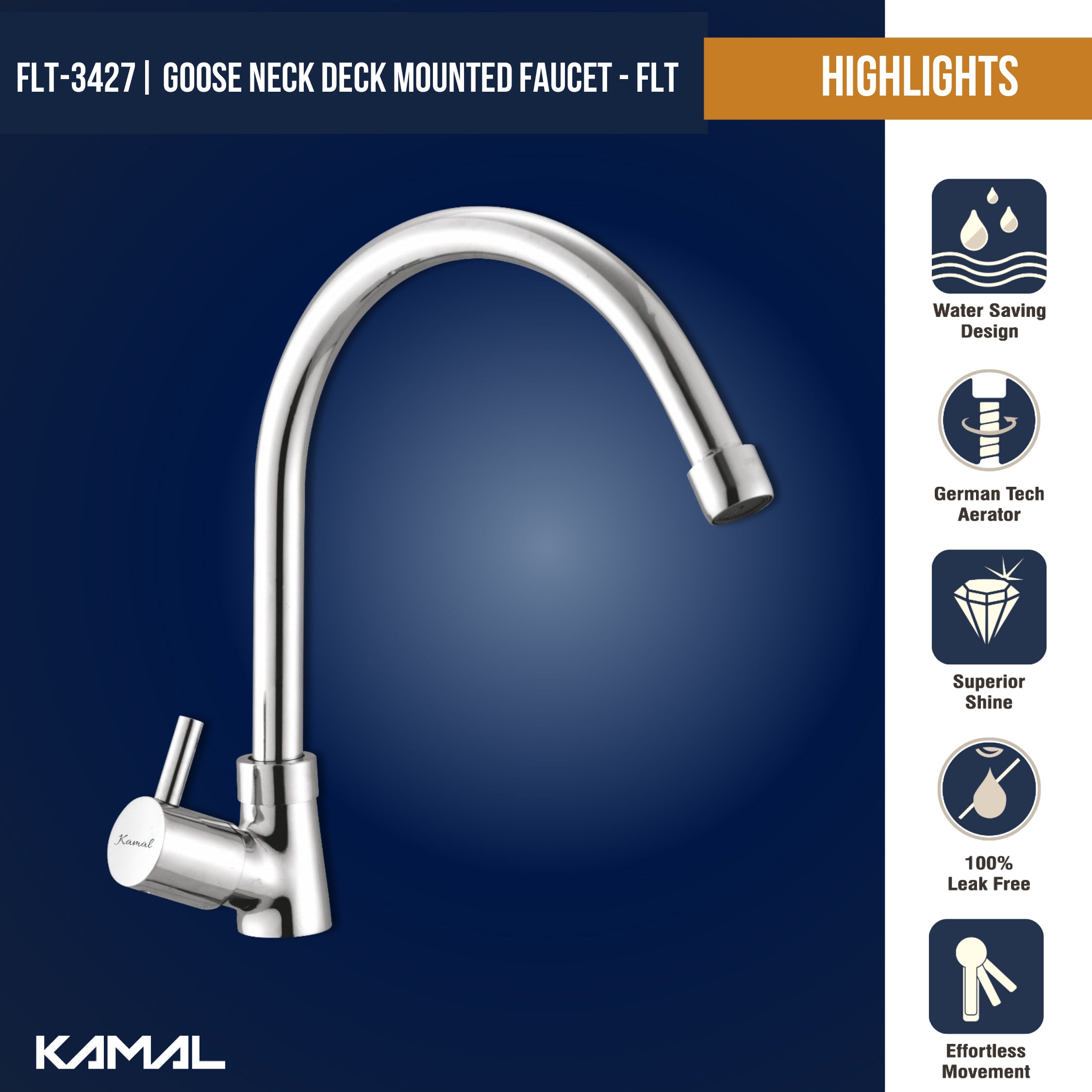 FLT C-Bend Spout Gosseneck Sink Faucet (Full Brass) - by Kamal - Kamal Bathware