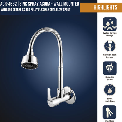 Acura sink spray tap by Kamal with brass and stainless steel flexible spout, shown with detailed metal finish and modern design.