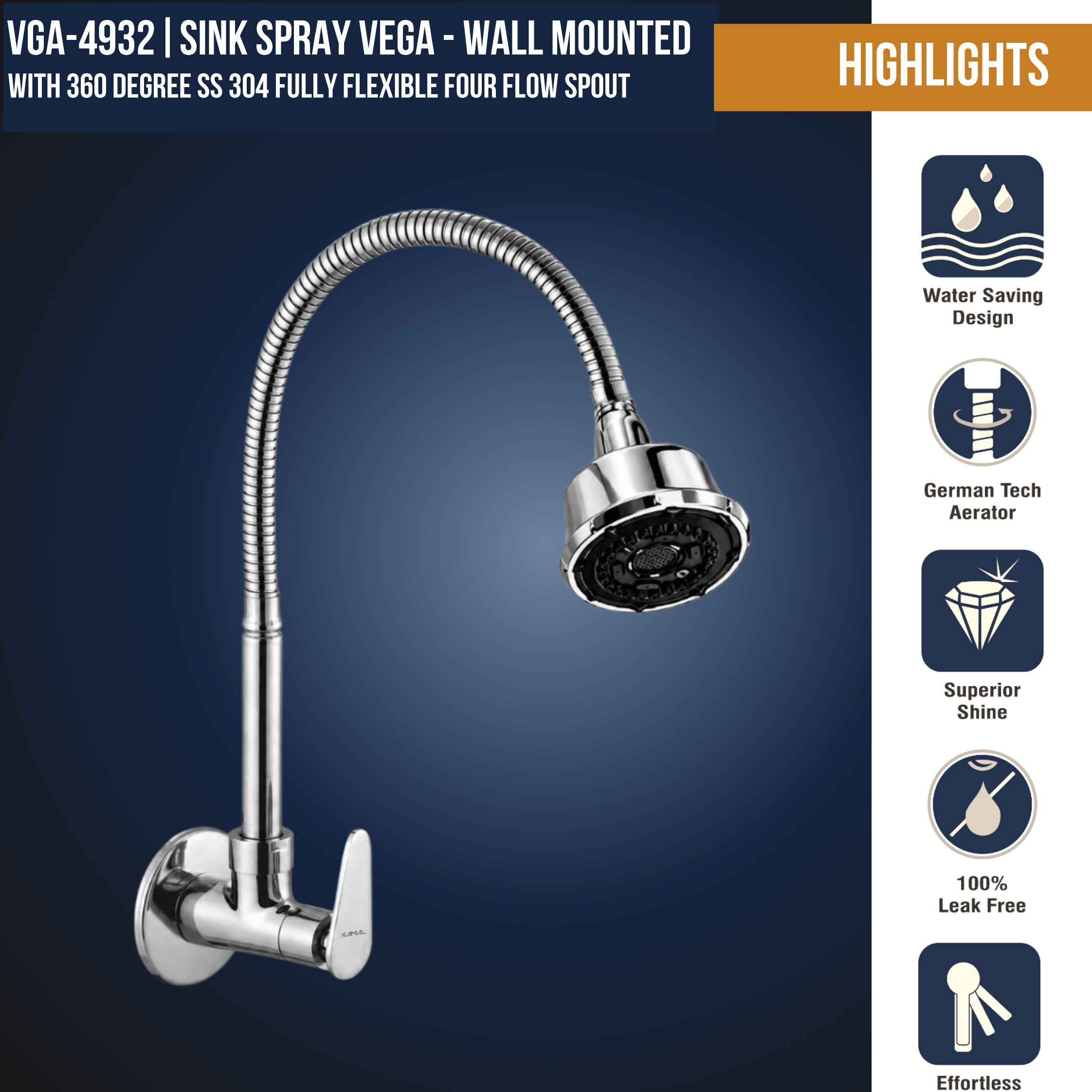 Vega Dual Flow Wall Mounted Sink Tap - by Kamal