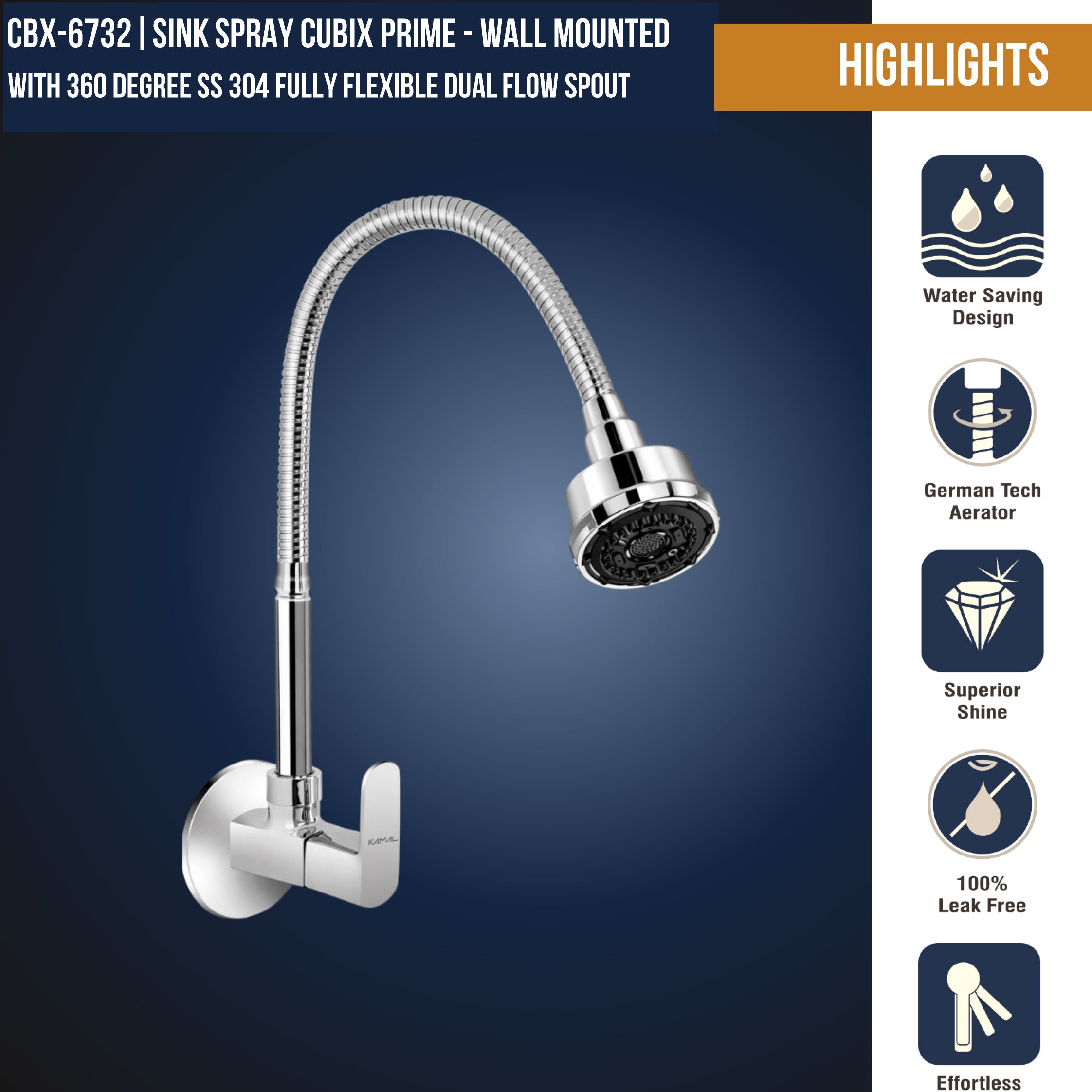 Kamal Cubix Prime sink spray tap in brass and stainless steel with modern design, featuring a sleek spout and control handle.