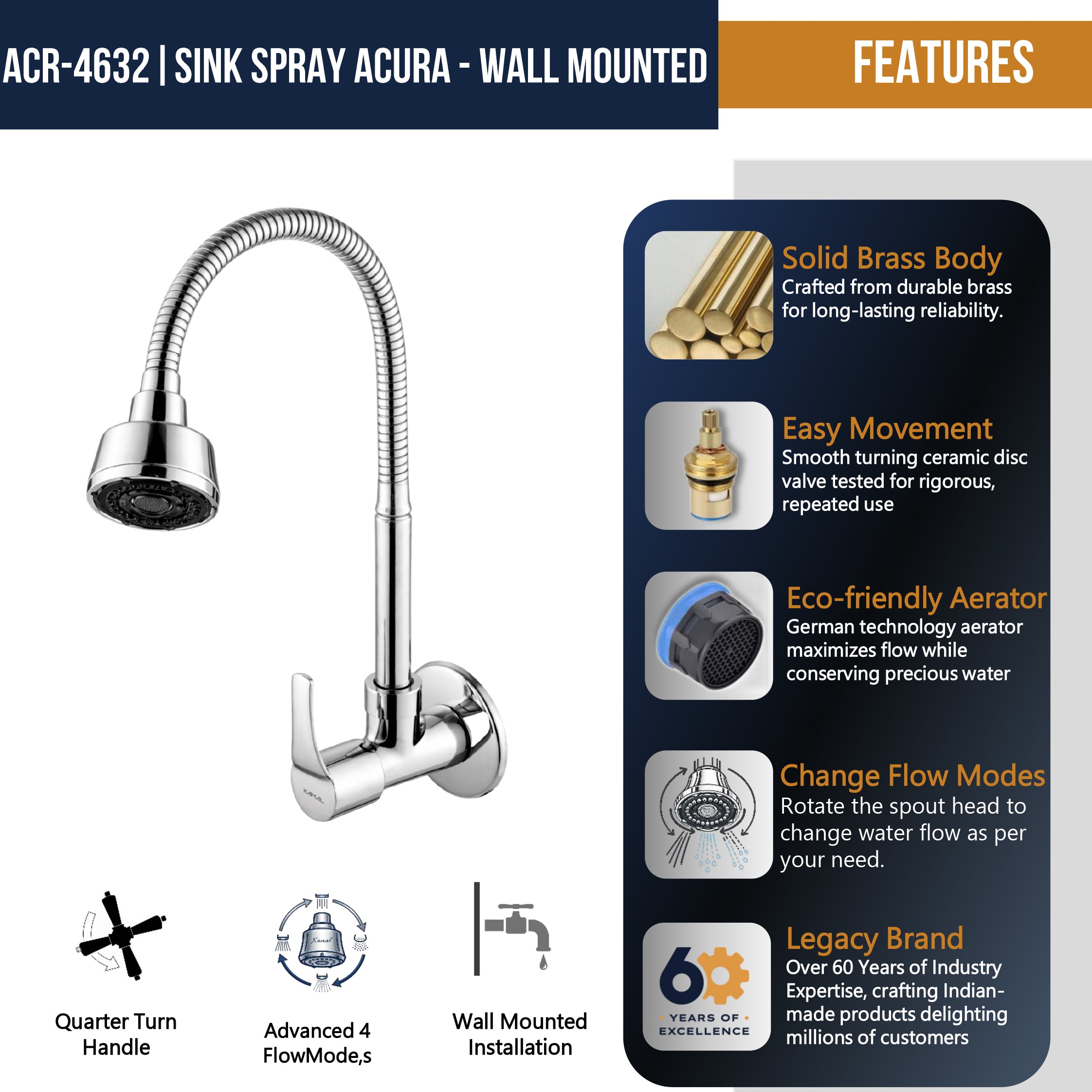 Acura Sink Spray Tap by Kamal featuring brass and stainless steel flexible spout, shown in a modern kitchen setting.