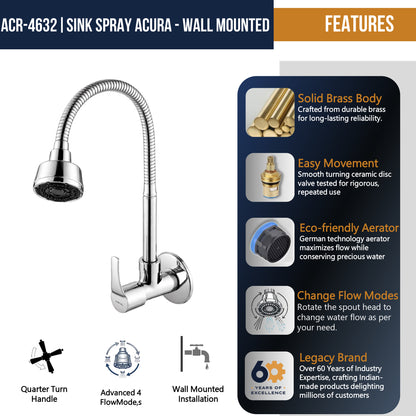 Acura Sink Spray Tap by Kamal featuring brass and stainless steel flexible spout, shown in a modern kitchen setting.