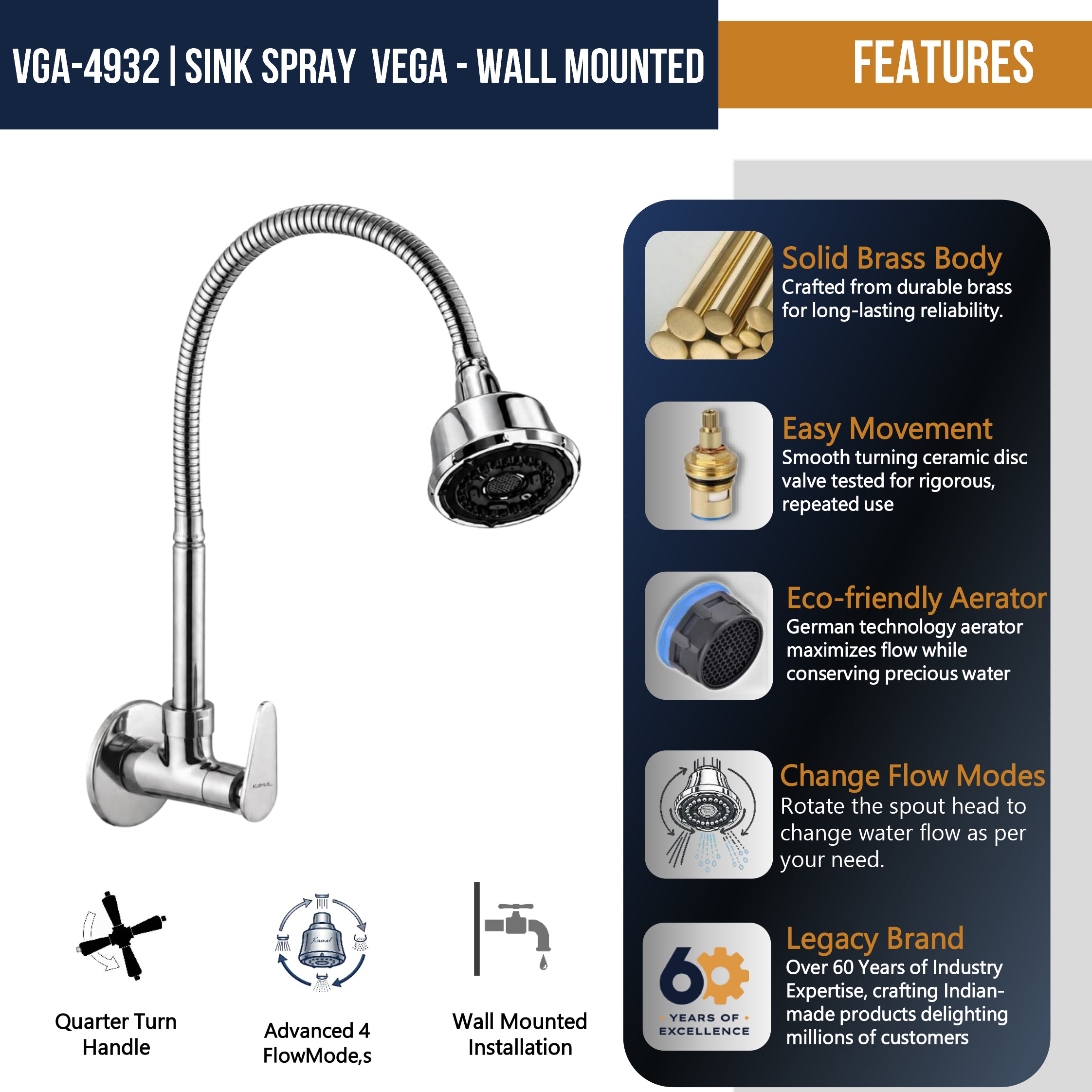 Vega Dual Flow Wall Mounted Sink Tap - by Kamal