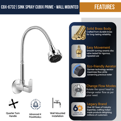 Kamal Cubix Prime sink spray tap in brass and stainless steel with sleek modern design and dual spray functionality.