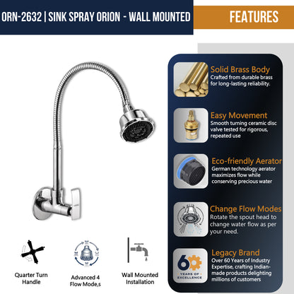 Orion Dual Flow Wall Mounted Sink Tap - by Kamal