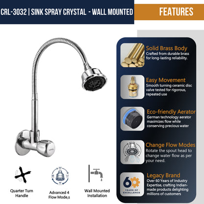 Crystal Dual Flow Wall Mounted Sink Tap - by Kamal