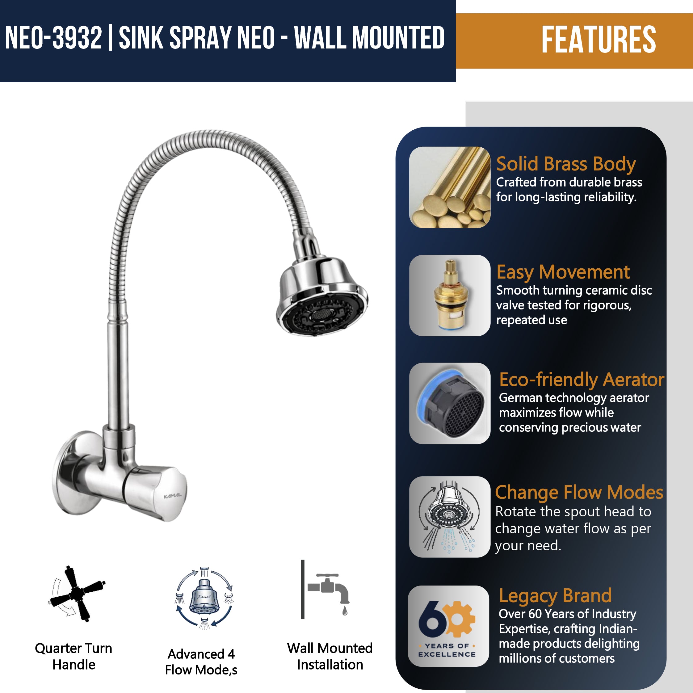 Neo Dual Flow Heavy Brass Body Sink Tap - by Kamal