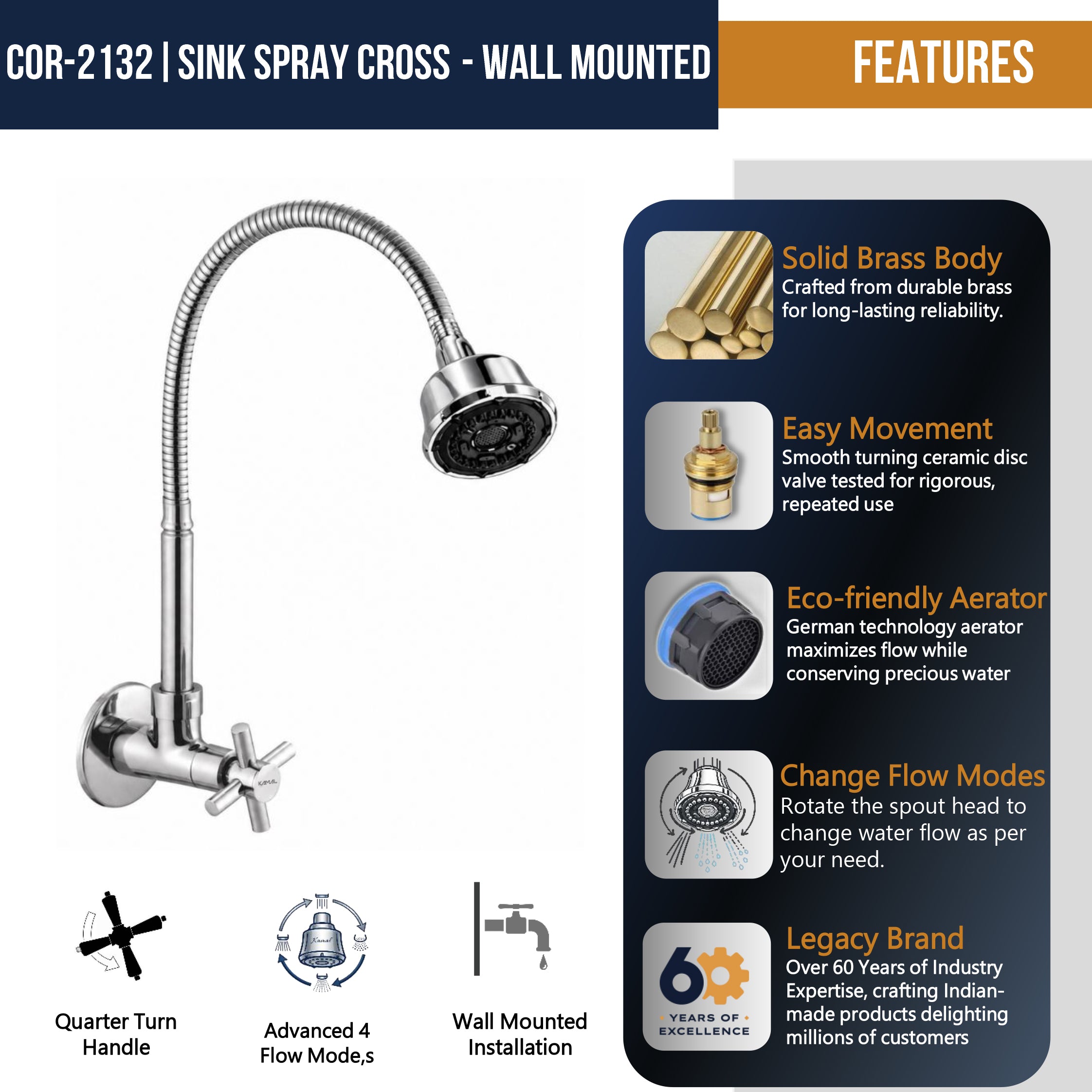 Cross Dual Flow Wall Mounted Sink Tap - by Kamal