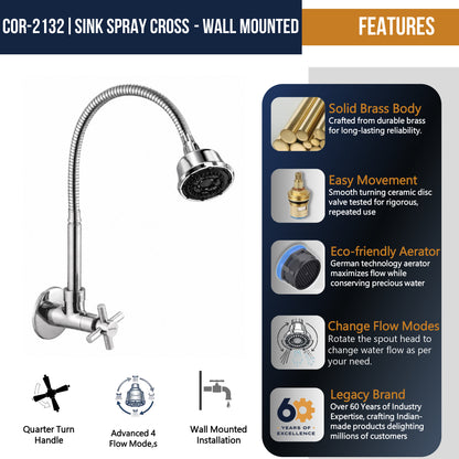 Cross Dual Flow Wall Mounted Sink Tap - by Kamal