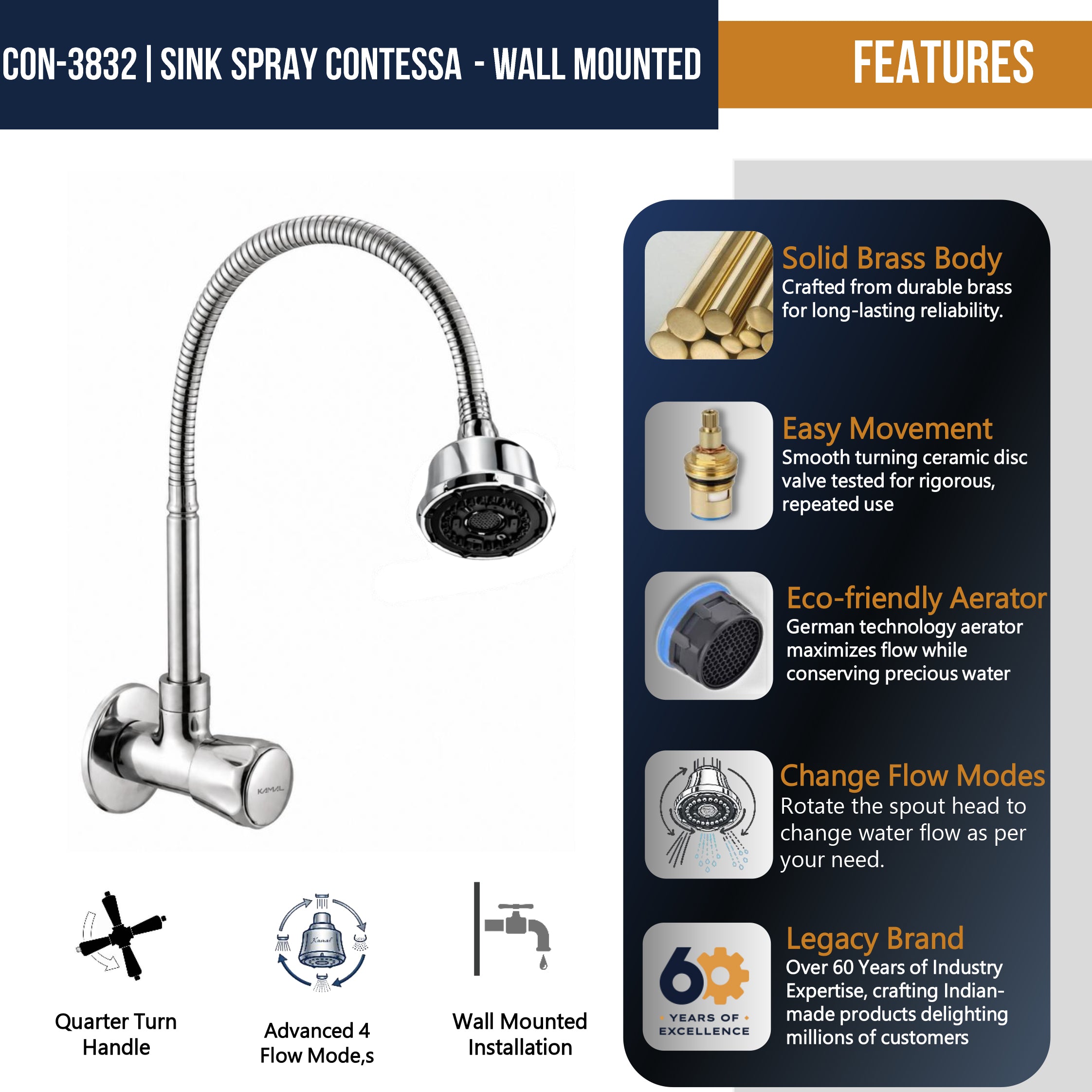 Contessa Neo Dual Flow Heavy Brass Body Sink Tap - by Kamal