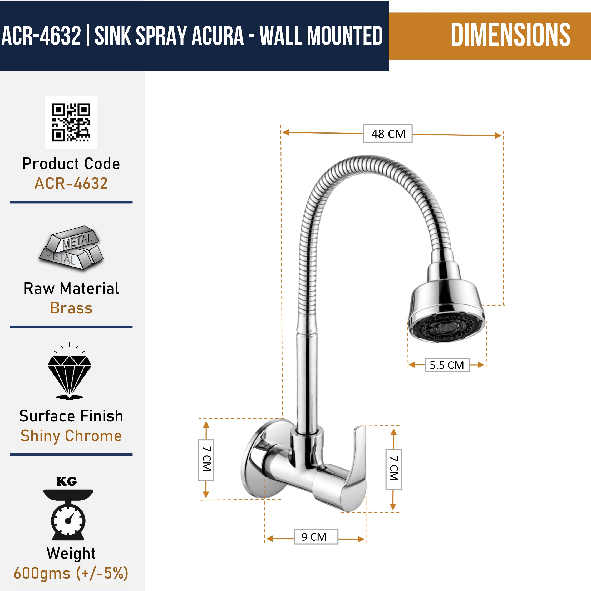 Acura Sink Spray Tap by Kamal with brass and stainless steel flexible spout, shown with sleek modern design and adjustable spray head.