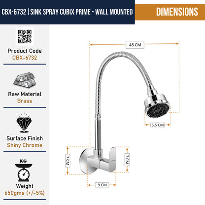 Kamal Cubix Prime sink spray tap in brass and stainless steel with modern design and flexible hose for kitchen use.