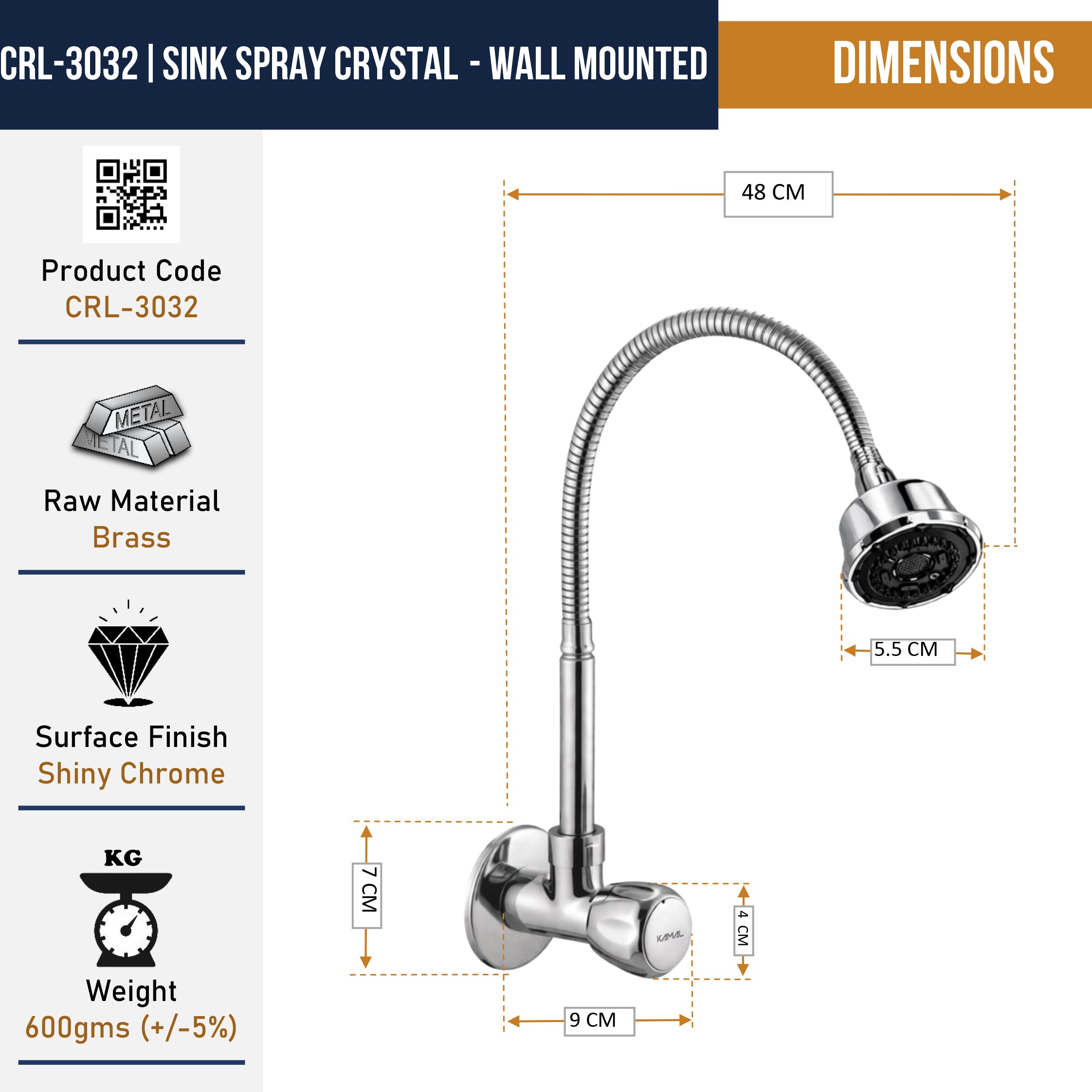 Crystal Dual Flow Wall Mounted Sink Tap - by Kamal