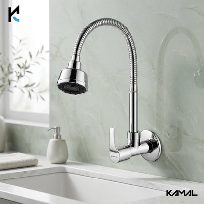 Acura sink spray tap by Kamal with brass and stainless steel flexible spout, shown with detailed metallic finish.