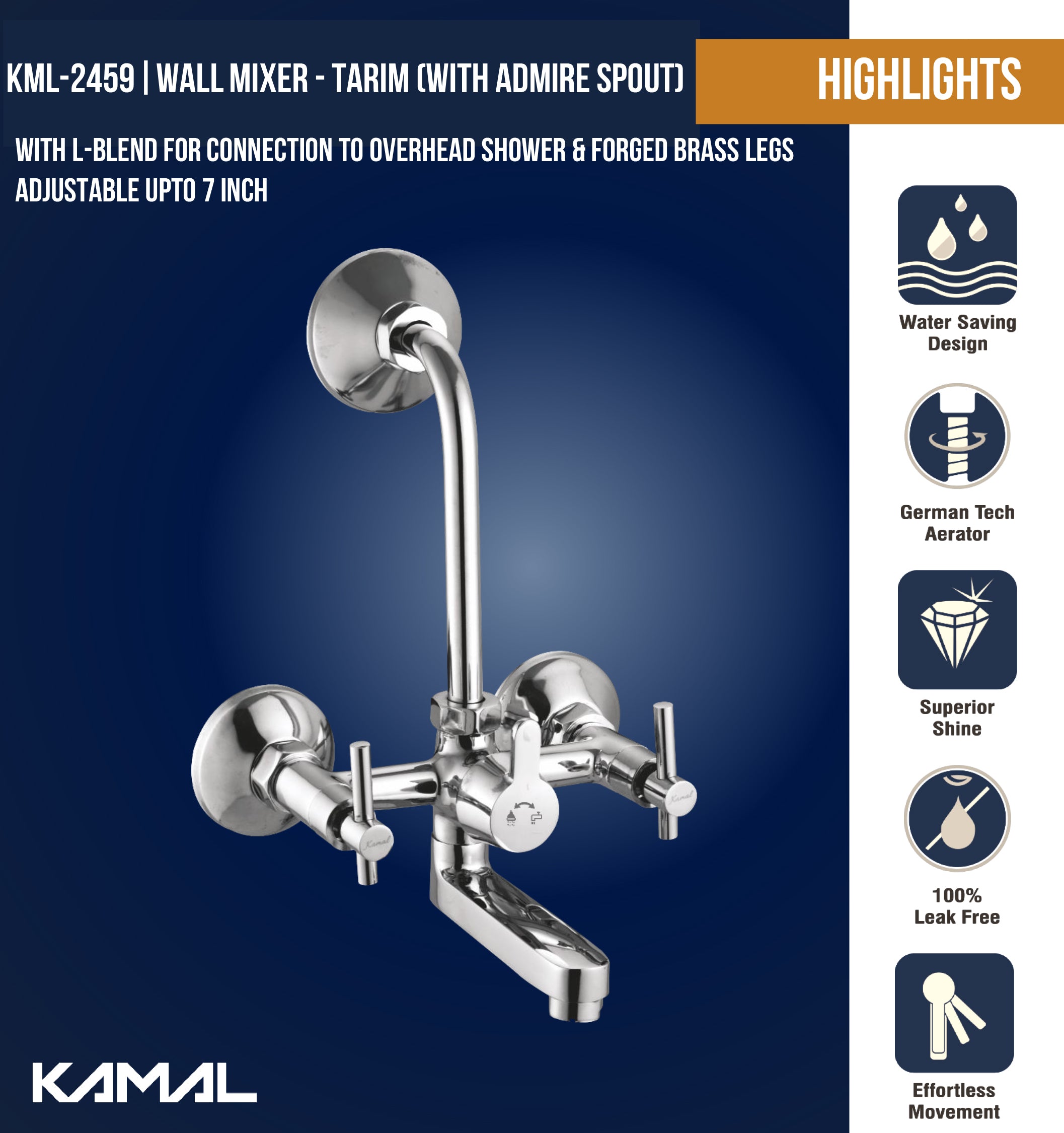 Tarim Wall Mixer with L Bend Pipe Admire Spout (Full Brass) - by Kamal