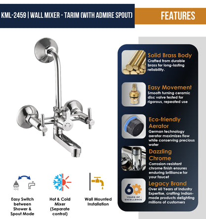 Tarim Wall Mixer with L Bend Pipe Admire Spout (Full Brass) - by Kamal
