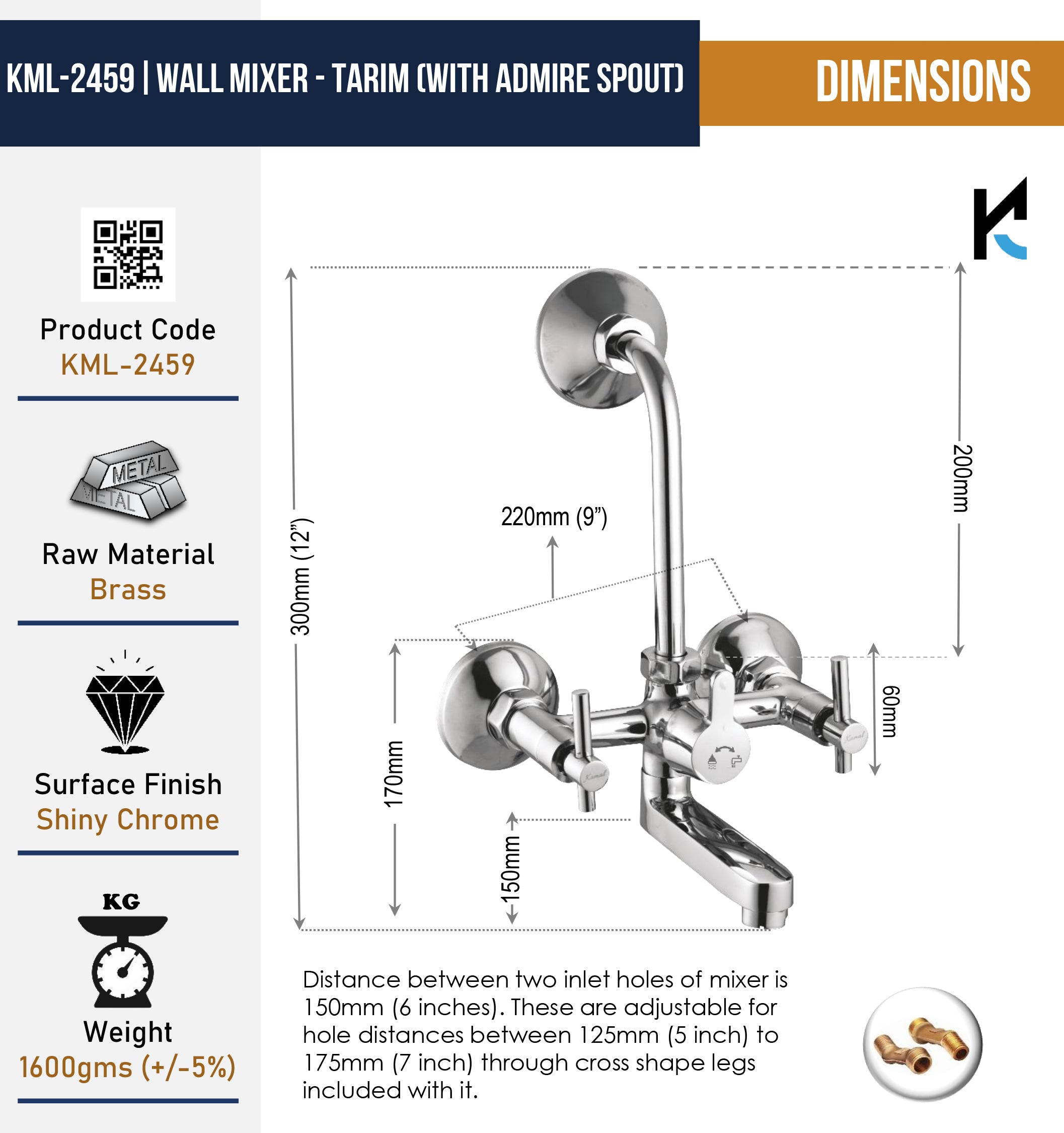 Tarim Wall Mixer with L Bend Pipe Admire Spout (Full Brass) - by Kamal