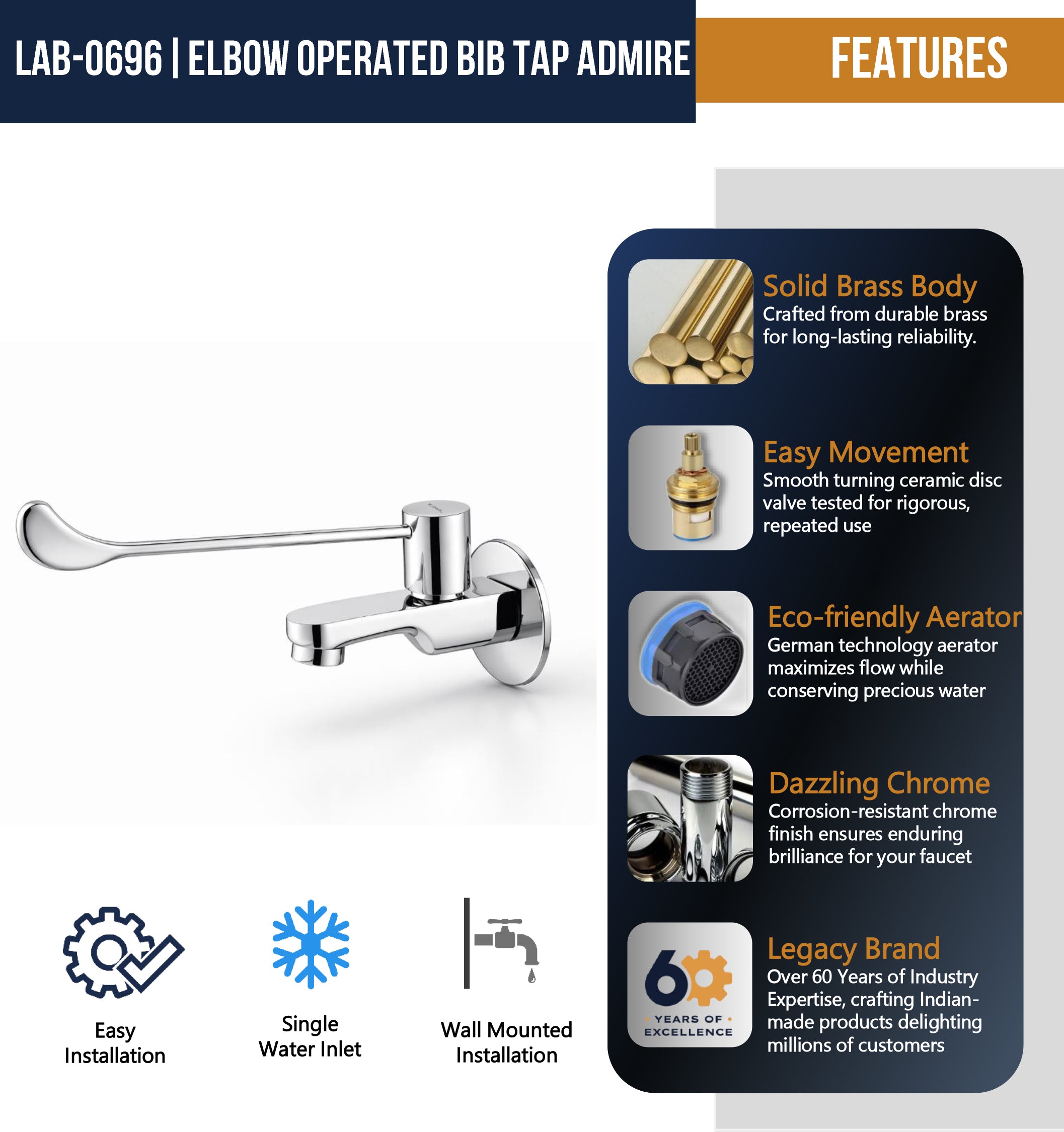 Kamal Admire Elbow Action Bib Cock made of full brass with durable construction and easy-to-use lever handle for reliable water control.