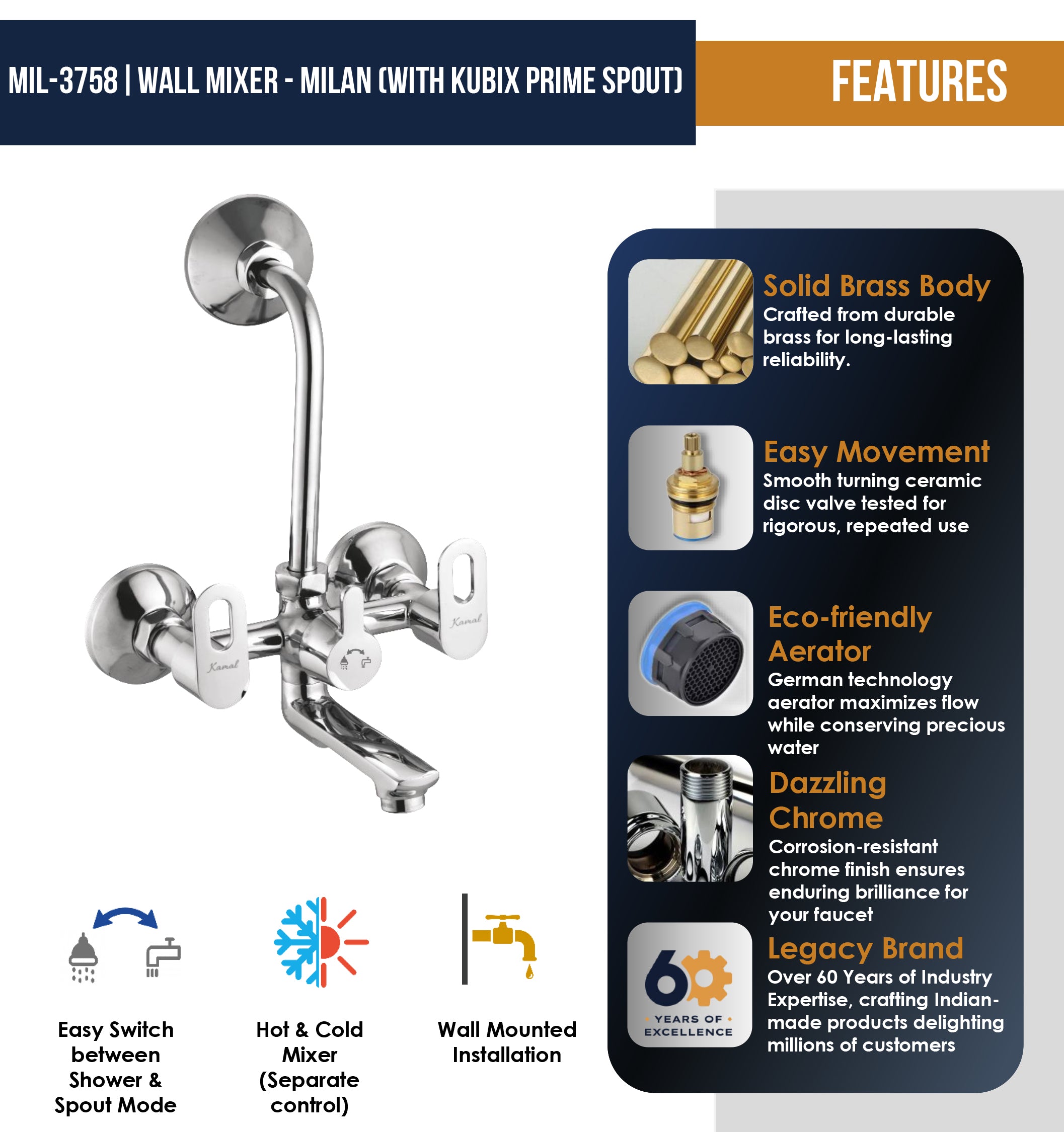 Milan Wall Mixer Kubix Prime Spout with Long L Bend Pipe (Full Brass) - by Kamal