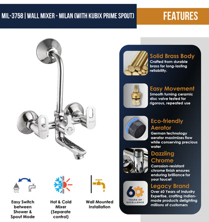 Milan Wall Mixer Kubix Prime Spout with Long L Bend Pipe (Full Brass) - by Kamal