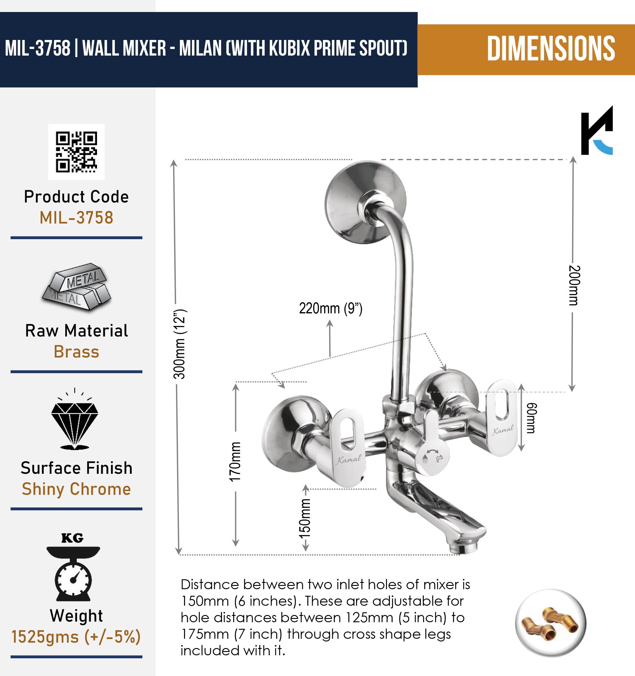 Milan Wall Mixer Kubix Prime Spout with Long L Bend Pipe (Full Brass) - by Kamal