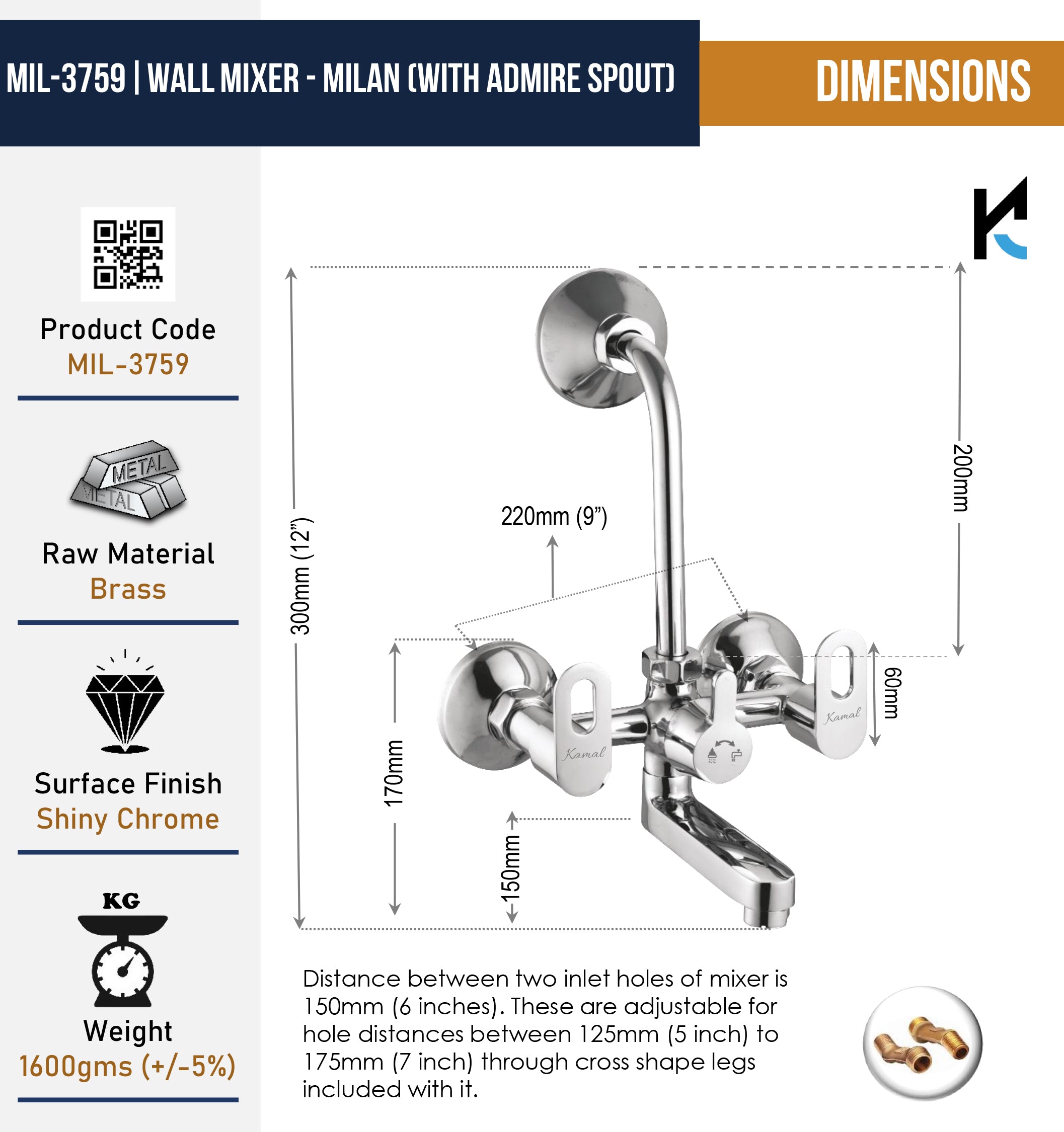 Milan Wall Mixer with L Bend Pipe Admire Spout (Full Brass) - by Kamal