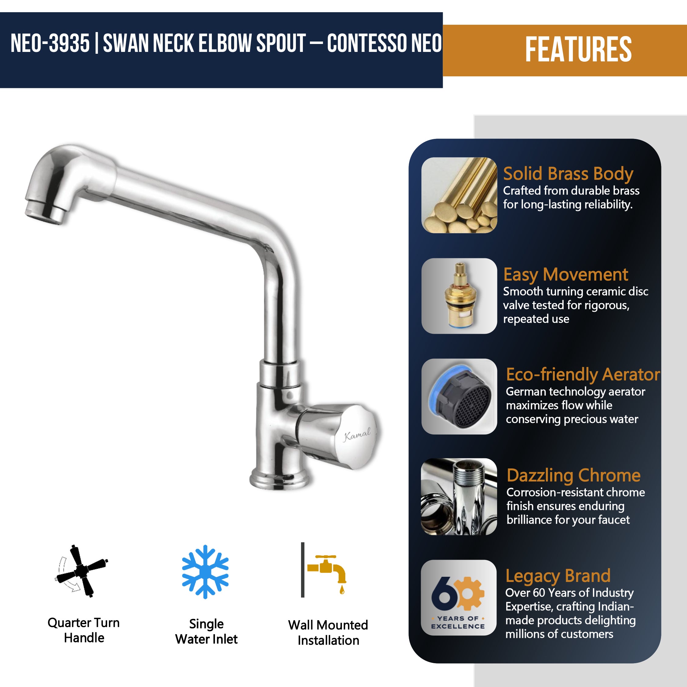 Contessa Neo Swan Neck Elbow Spout (Full Brass) - by Kamal