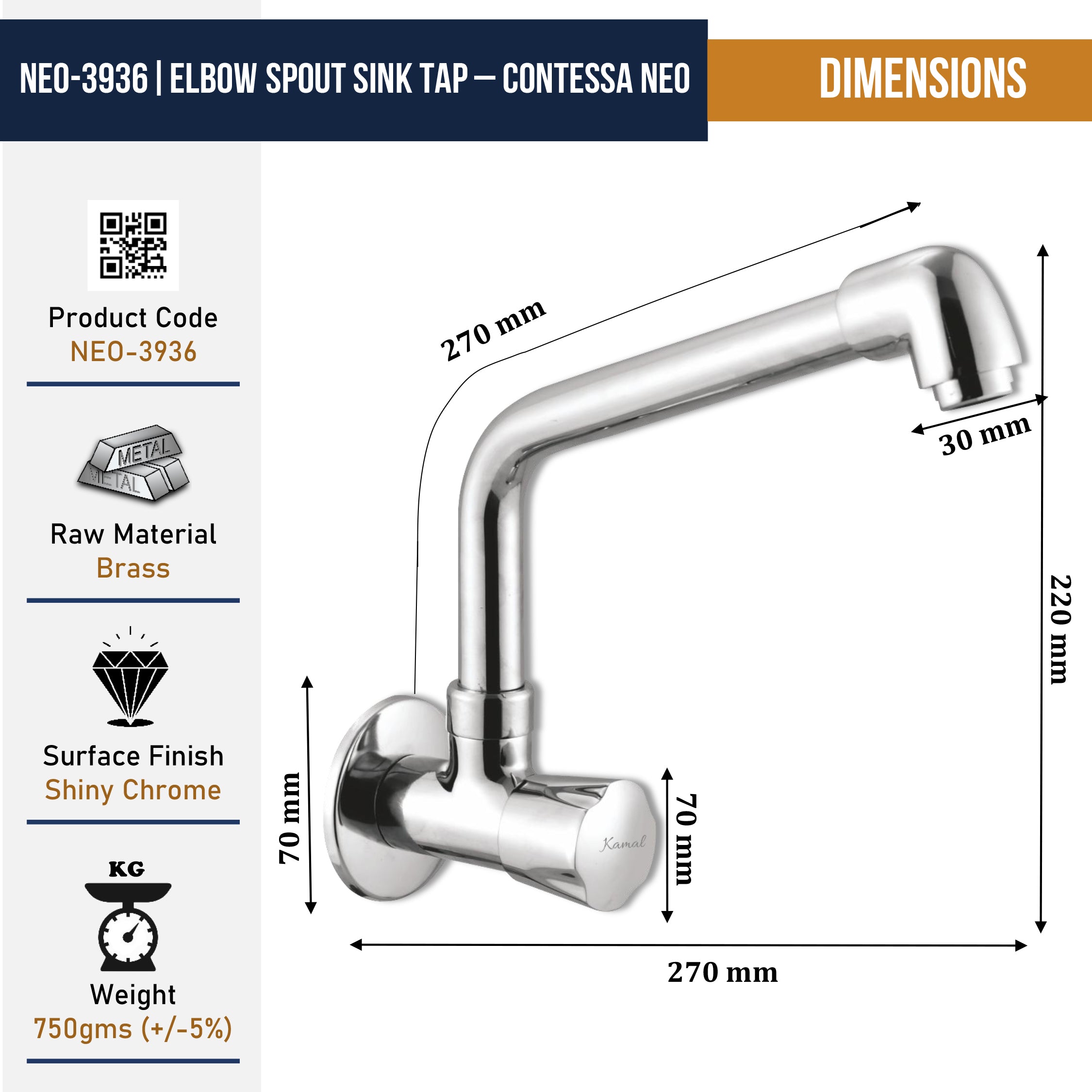 Contessa Neo Sink Tap Elbow Spout (Full Brass) - by Kamal