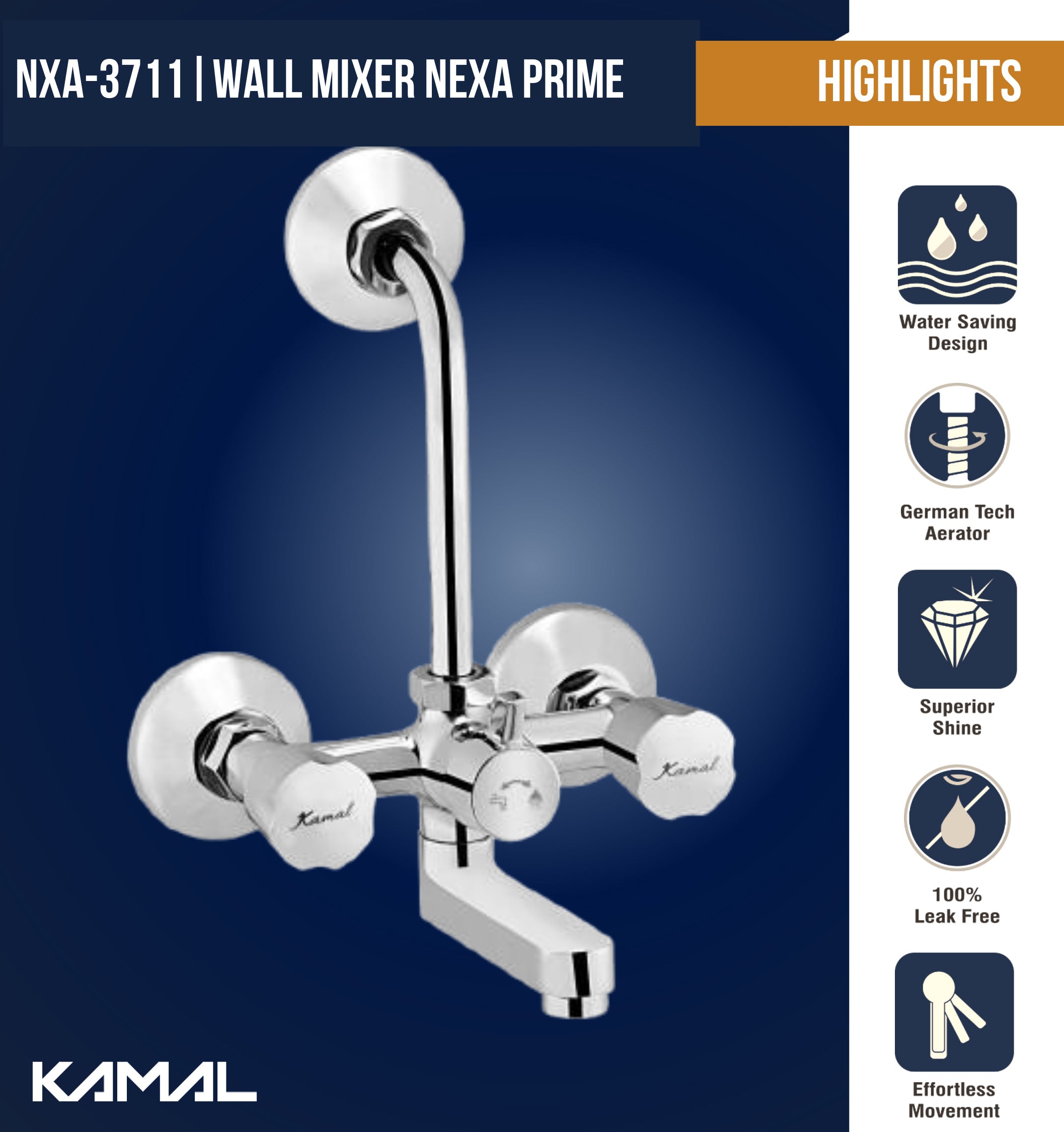 Nexa Prime Wall Mixer with L-Bend & Connecting Legs (Full Brass) - by Kamal